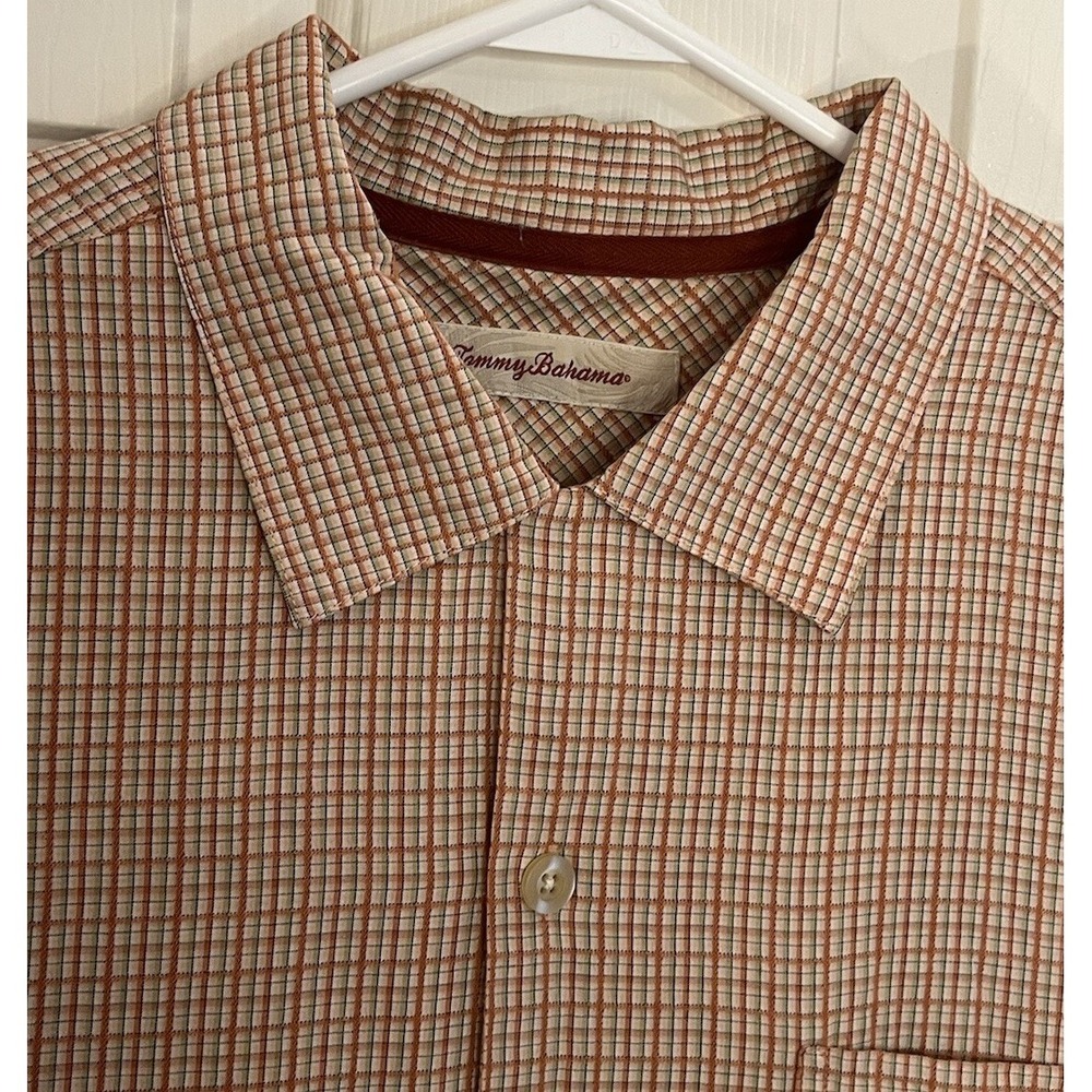 Tommy Bahama Men's‎ Large Camp Shirt 100% Silk Orange Check Short Sleeve